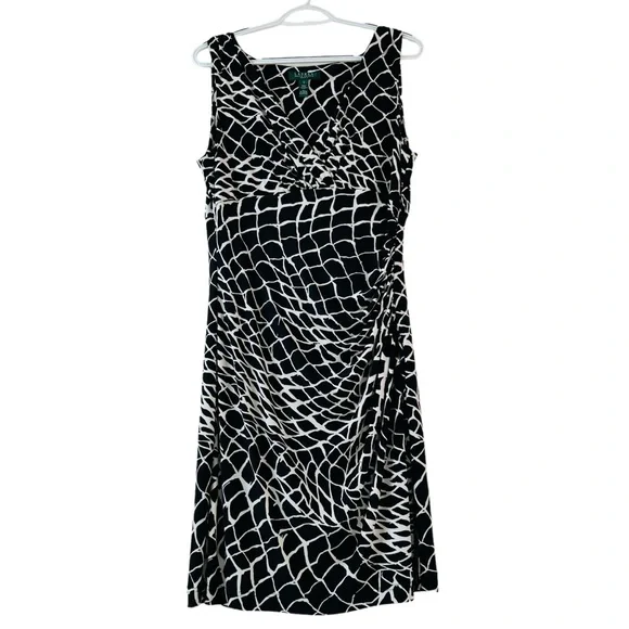 Ralph Lauren Womens Abstract Print Jersey Sleeveless Dress Black White  Size 12